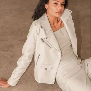 Lulus Women’s Out for the Night Vegan Leather Moto Jacket in Beige size Medium